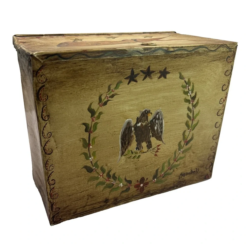 Vtg American Painted Tin‎ Toleware Hinged Box American Eagle Folk 7.25
